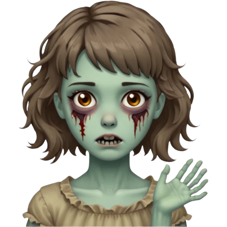 Cabelo ondulado  um pouco cheio e franja curta  Olhos marrons e pequenos e feita d ezumbi mais bonita com cabelo amarro na e com as mãos assim tipo assim🧟‍♀️ emoji