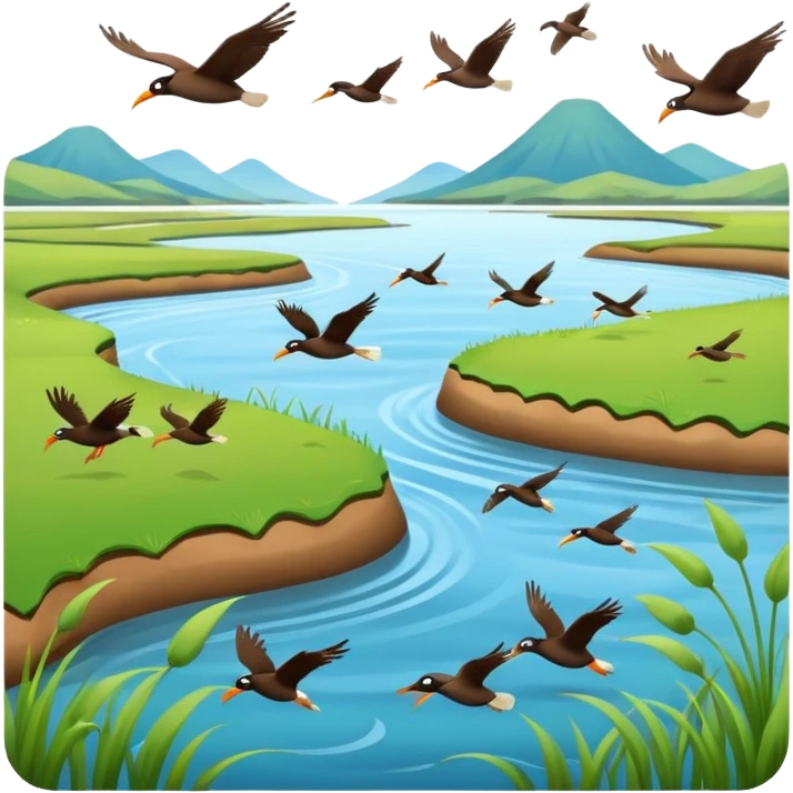 A 3D cartoon estuary with birds flying over shallow water and grassy banks, calm mood, Memoji-style realism. emoji