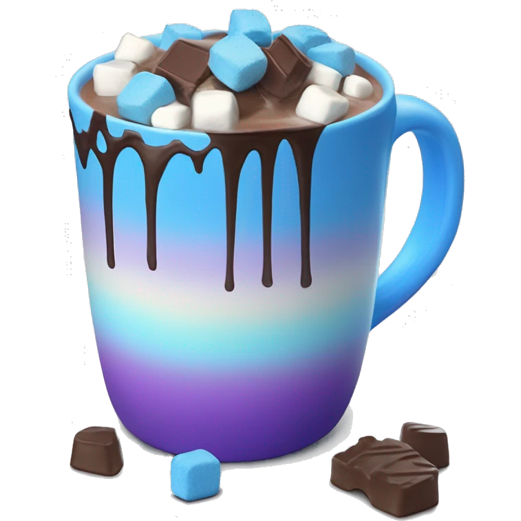 Gradient blue hot chocolate mug with realistic blue and purple marshmallows and chocolate drizzle on top emoji