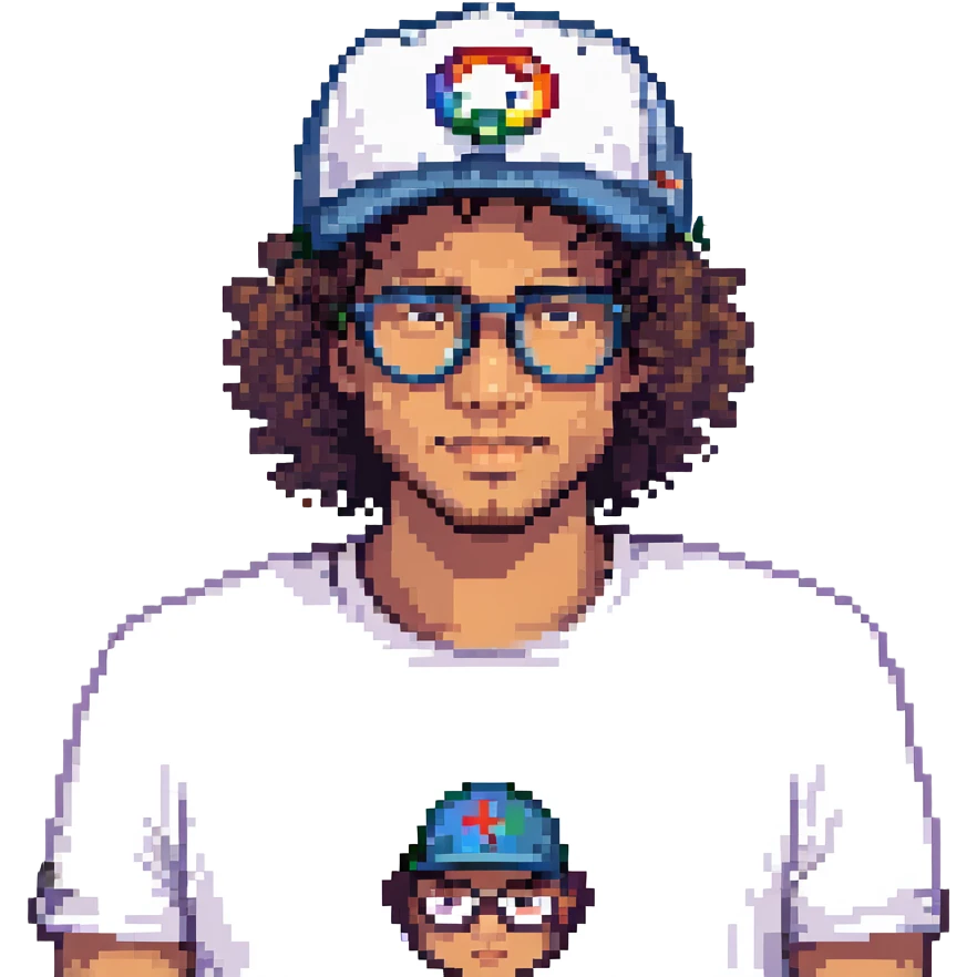 man with a New Era cap, curly hair, and glasses, pixel art style emoji
