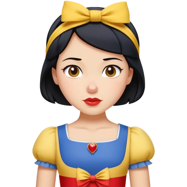 Snow White from hips up, blue top with yellow skirt, short black hair with red headband, minimal style but clearly recognizable emoji