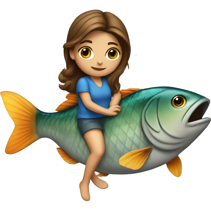 girl with brown hair rides on a fish emoji
