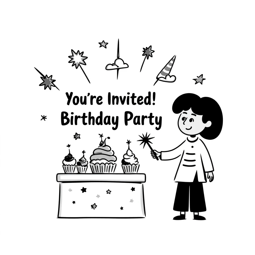 colorful magical themed birthday party invitation illustration with sparkles, wands, whimsical decorations, and the text: "You're Invited! Birthday Party at 100 Post St, San Francisco, May 10, 2025" emoji
