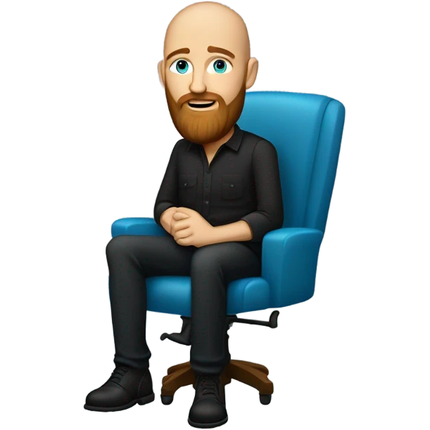 Bald, Caucasian, sky-blue-eyed, Psychotherapist in a modern colorful chair. He has a brown full beard and he’s Wearing a black dress shirt with a subtle pattern, blue jeans and black Chelsea boots with his legs separted leaning forward  emoji