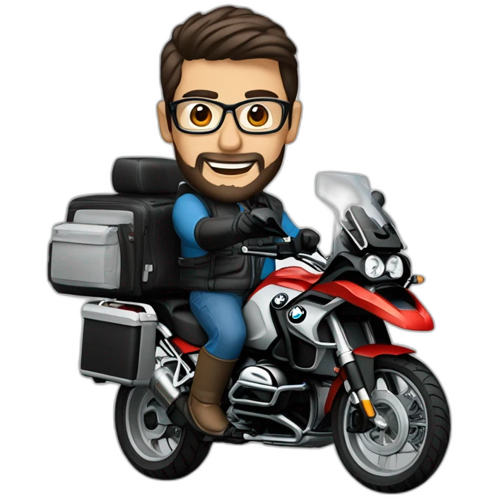 Francisco-Javier-Sans-Sánchez with beard and glasses, riding a BMW-R-1200-GS,waving emoji