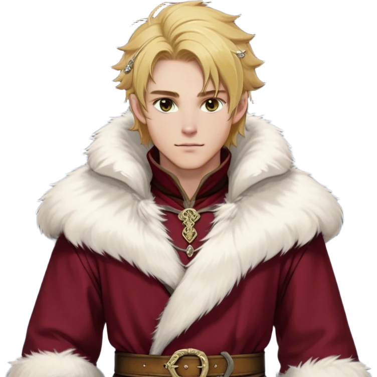Medieval winter outfit worn by a DnD themed fantasy male character. Thick crimson wool tunic with white fox fur trim, featuring carved ivory toggles and a wide leather belt with bronze buckle. Clothes only above the waist, full waist coverage. The character has no arms. Character is white-skinned with honey gold hair, storm-cloud gray eyes, and medium-length tousled hair with icy highlights. emoji