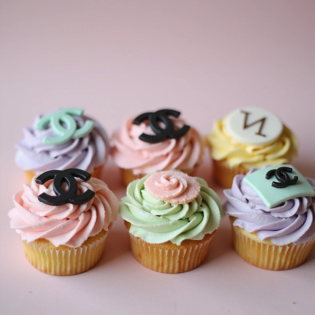 photorealistic pastel rainbow Chanel cupcake set, each with a different logo or accessory, no background emoji