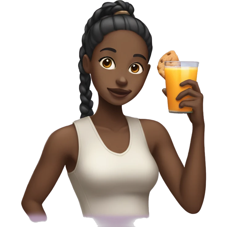 black girl with ponytail holding up a cookie and juice emoji