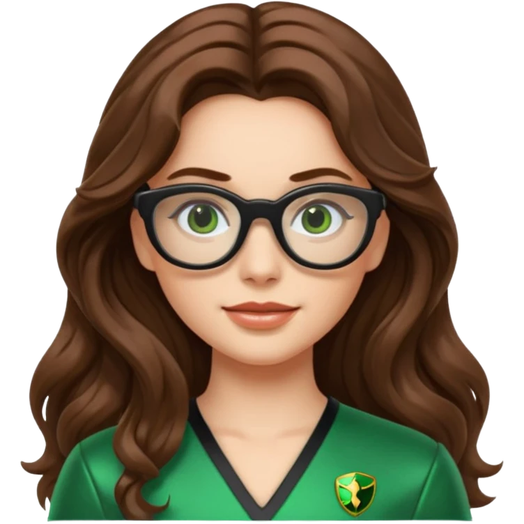 green power ranger, white girl with long brown wavy hair, thin black glasses, emoji style emoji