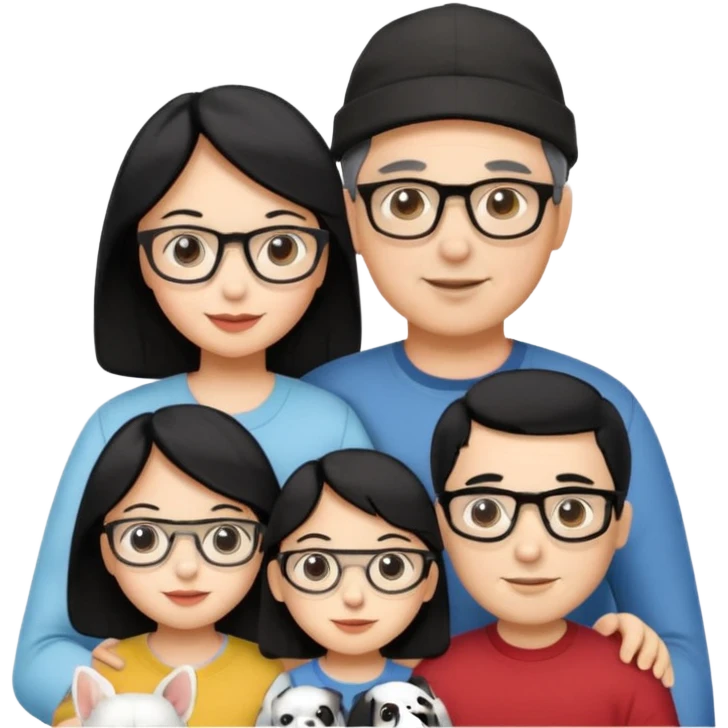 (Mom black hair with glasses, Dad black hair with cap, Daughter black hair with glasses, white Dog) emoji