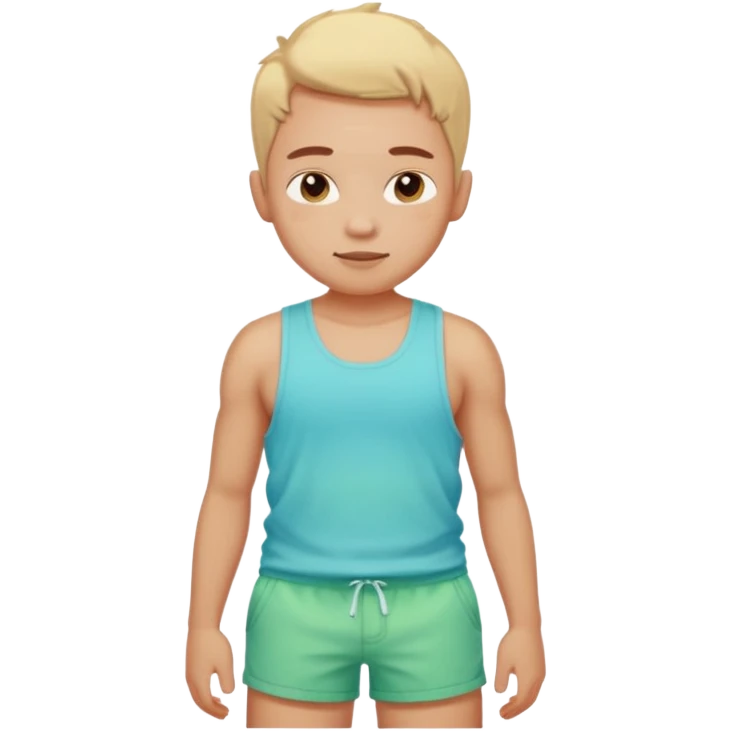 Emoji-style person in beach shorts with sunburned shoulders and chest, tank top outline, cute rounded features, soft shading, vibrant colors emoji