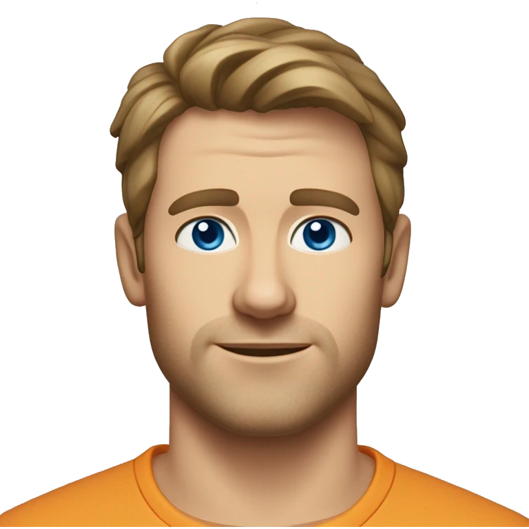 A head and shoulders shot of a 33 year old Caucasian man, with short brown hair, with none facial hair,   with blue eyes wearing a t-shirt. emoji