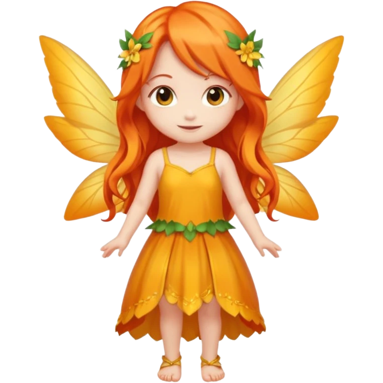 fairy with long orange hair, yellow wings, red dress, happy, chibi full body emoji
