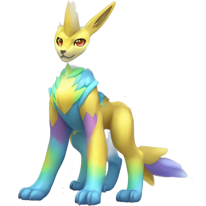 Celestial Powerful Rainbow-Crystallic Colorful Vibrant Colors Flying Advanced Zeraora-Aurorus-Fakémon-Legendary-Pokémon-Creature Full Body emoji