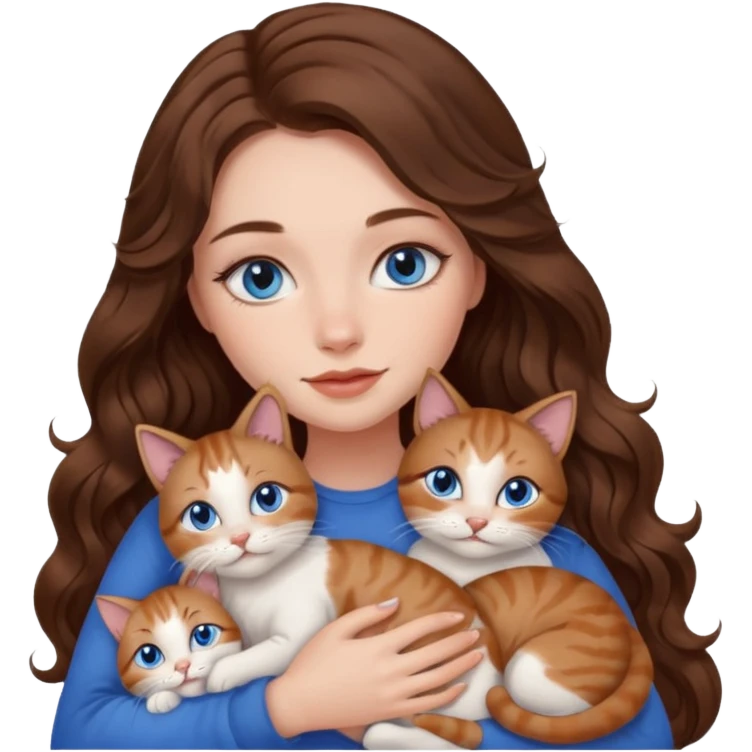 girl with long wavy brown hair, blue eyes, long lashes makeup, cuddling with 6 cats emoji