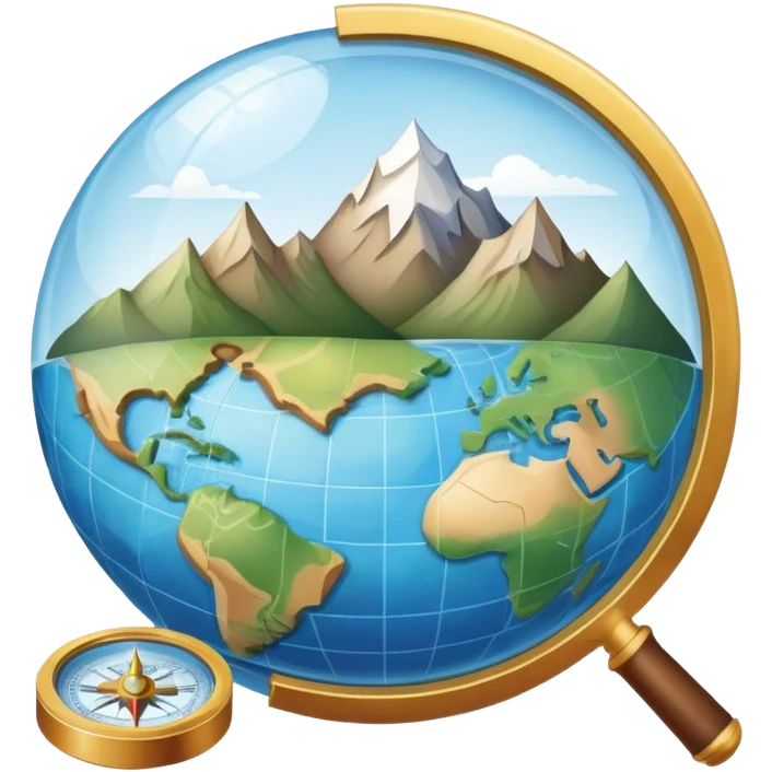 An icon featuring a globe, a compass, and a topographic map, symbolizing geography. The design includes mountain ranges, rivers, and a magnifying glass, representing the study of Earth's landscapes, features, and spatial relationships. Transparent background highlights geographic exploration. emoji