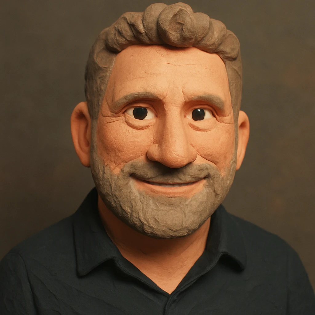 Create a claymation-style portrait emoji based on the person in the reference image, looking a bit younger with a friendly expression. Use pastel colors and ensure visible clay texture. Focus on head and shoulders only. emoji