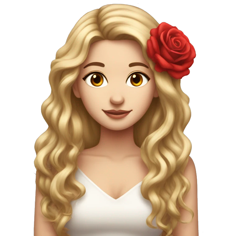 Beautiful, rose, red, flowers in hair, long dark blond hair, white fair skin emoji