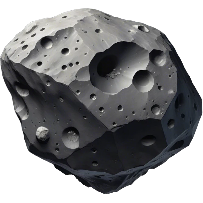  Cinematic Realistic Asteroid – A massive, irregularly shaped rock floating through the void, its cratered and pitted surface showing signs of ancient impacts. The harsh light from a nearby star reveals detailed textures and rugged, jagged edges. emoji