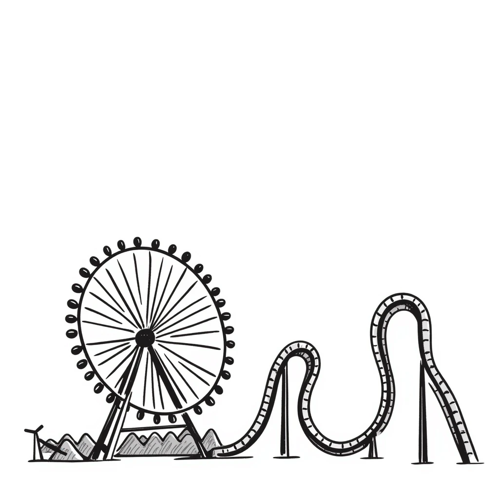 Hand-drawn amusement park with ferris wheel and roller coaster emoji