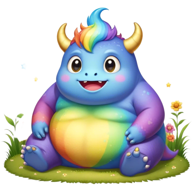 Kawaii derpy fat rainbow monster sitting in a magic field, rich textures, visually detailed, so lifelike that it feels like it could leap off the page at any moment emoji