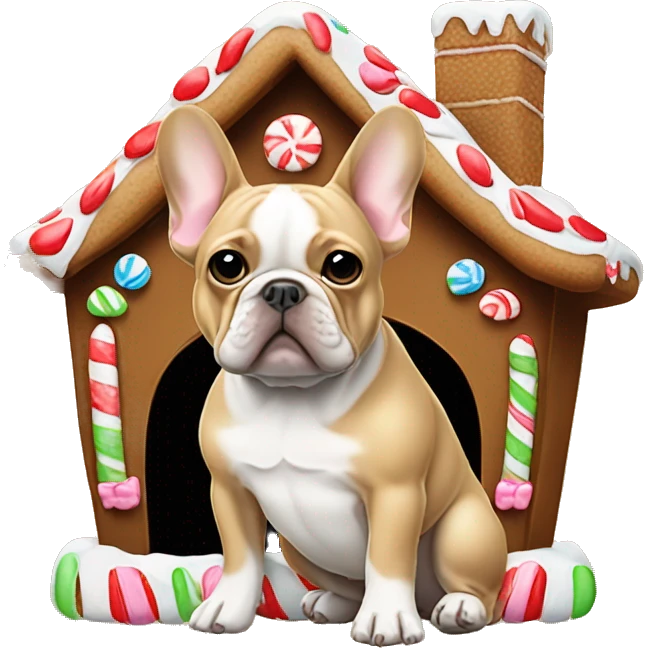 Tan French bulldog in gingerbread house emoji