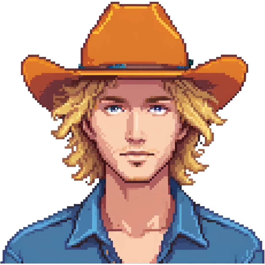 young man with wavy blonde hair, blank face, orange cowboy hat emoji