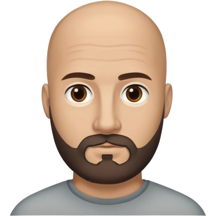 Head emoji of a bald Caucasian man with tan skin, dark almost black eyes, and a dark brown medium length beard with some grey in it. Please show one result with glasses and the other without. emoji