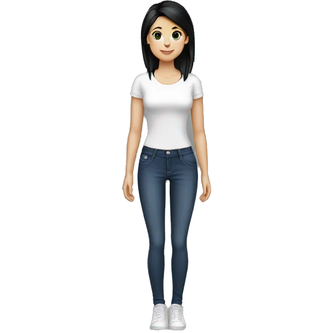 white girl, short ponytail with medium bangs black hair, tight jeans, tight shirt, full body emoji