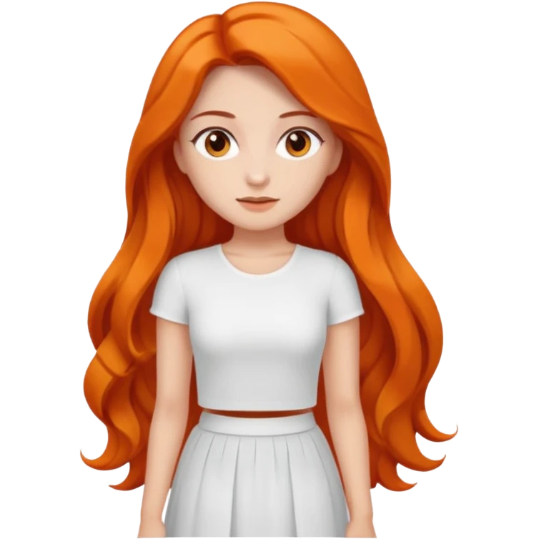 A woman with Orange long ondulated hair, brown reyes And dresses with White top And White long skirt emoji