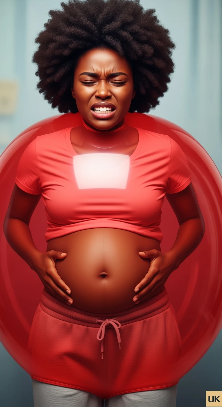DONNA CON GONFIORE DI PANCIA E INTESTINO CHIUSO IN UN PALLONCINO ROSSO, ESPRESSIONE DI DOLORE IN VOLTO, IPERREALISTICA 4K emoji