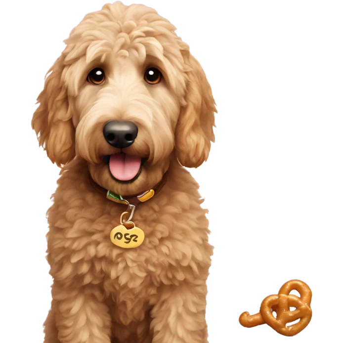 Golden doodle with pretzel name tag emoji