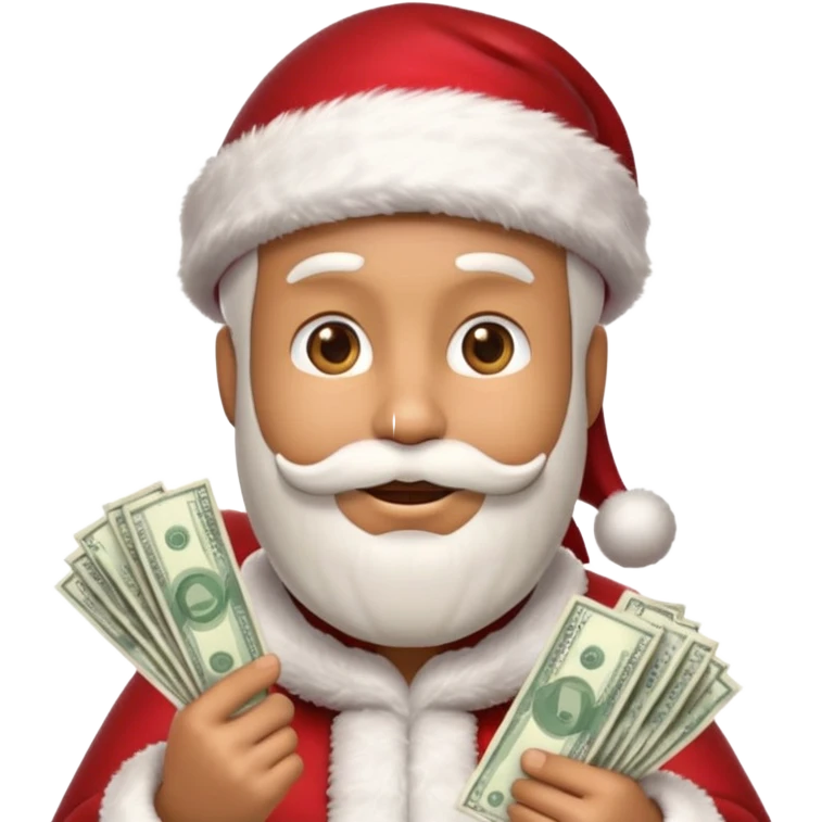 A confident rich emoji face wearing a Santa hat, money stacks, casino vibe, New Year theme, premium 3D emoji style, sharp details, no text, isolated on transparent background emoji