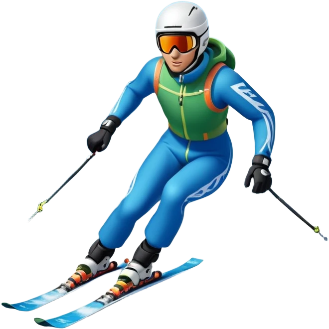 An icon featuring snowy peaks, pine trees, and a picturesque mountain landscape with a skier racing down a snow-covered slope. The sky is blue with soft clouds, capturing the thrill and beauty of alpine skiing. Transparent background highlights the excitement and serenity of winter sports. emoji