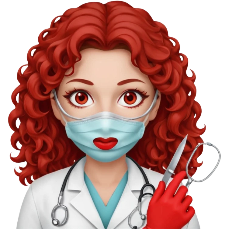 Scary woman scalpel in hand, evil surgeon sexy .  She has red eyes. Her  brown long curly hair. Wears sexy doctor outfit with red gloves. make her hair free and brown but she  wear mouth cover   to hide. Wears white surgeon jacket andpejab only hides lips and nose  eyes emoji