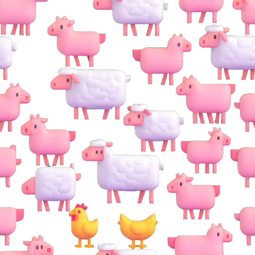 Minecraft style sheep, blocky pig friend, and blocky chicken friend together emoji