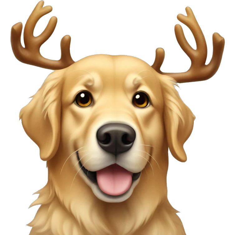 Golden retriever wearing reindeer antlers emoji