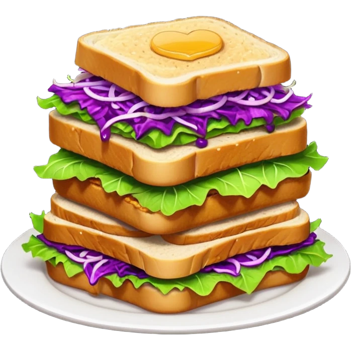 Spicy stacked chicken sandwich — two thick golden toast slices, a crispy breaded chicken fillet, green lettuce, and purple cabbage slaw, with glossy dark sauce dripping down the sides. emoji