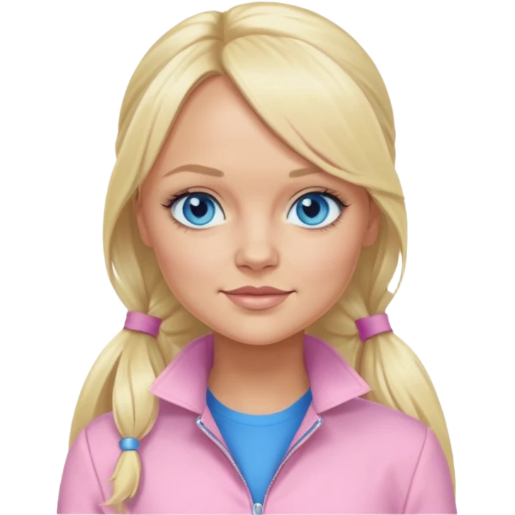 Emma Bunton blue eyes, long blonde ponytail hair, light pink outfit emoji