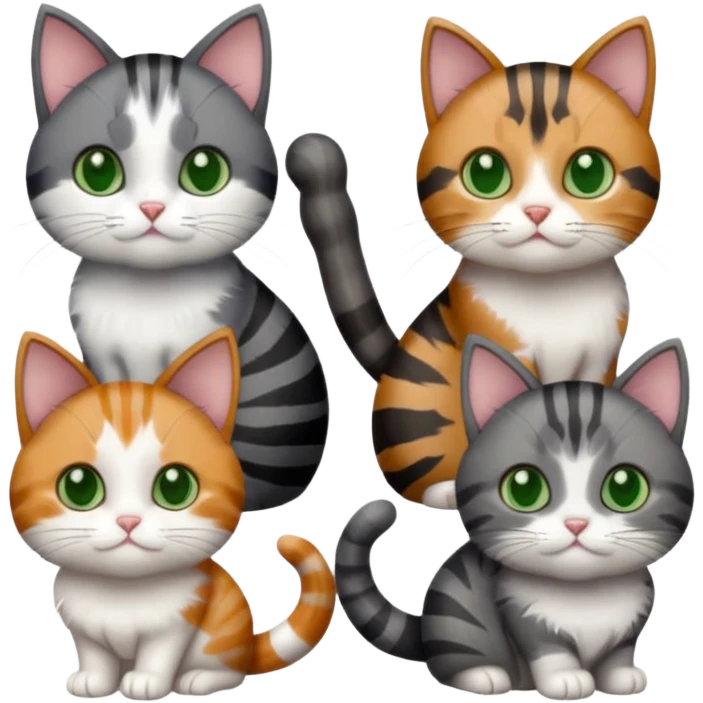 6 different coloured small cats including a dark grey and white, and a patchy calico, and a brown tabby and white,  and a completely solid dark grey with green eyes and only white paws emoji