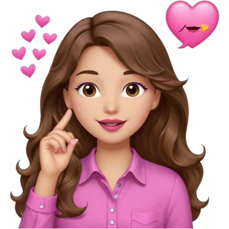 girl with long wavy brown hair, brown eyes, light to medium complexion, in a pink shirt, pink lips, long lashes, blowing a kiss emoji