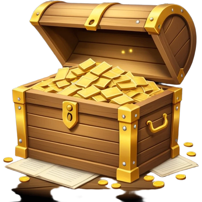 Glowing treasure chest overflowing with paper documents, sparkles, minimal style emoji