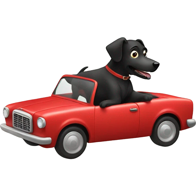 Black mean dog riding in red car with a stripe on it emoji