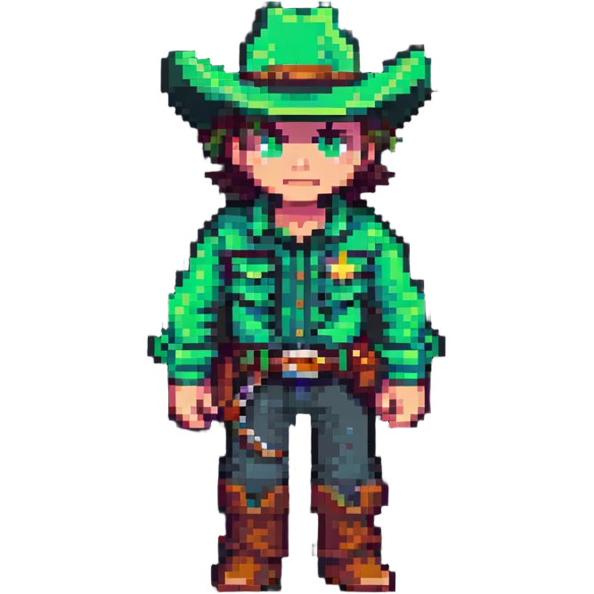 Pixel art cowboy with green outfit and green cowboy hat emoji