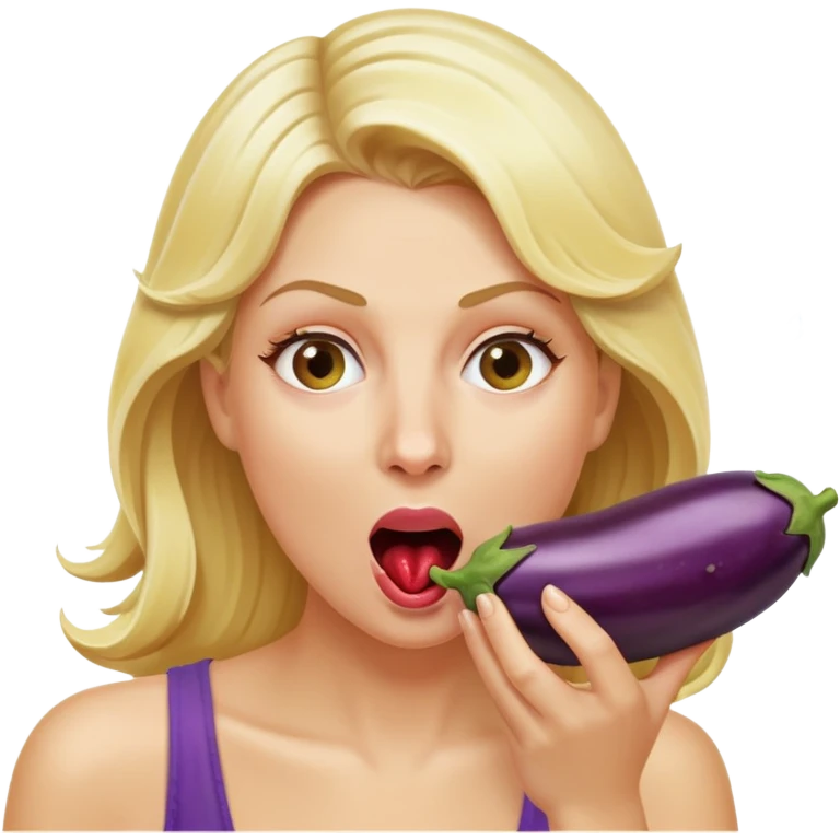 blond woman biting an aubergine, water jet shooting from the eggplant into her mouth, surprised look emoji