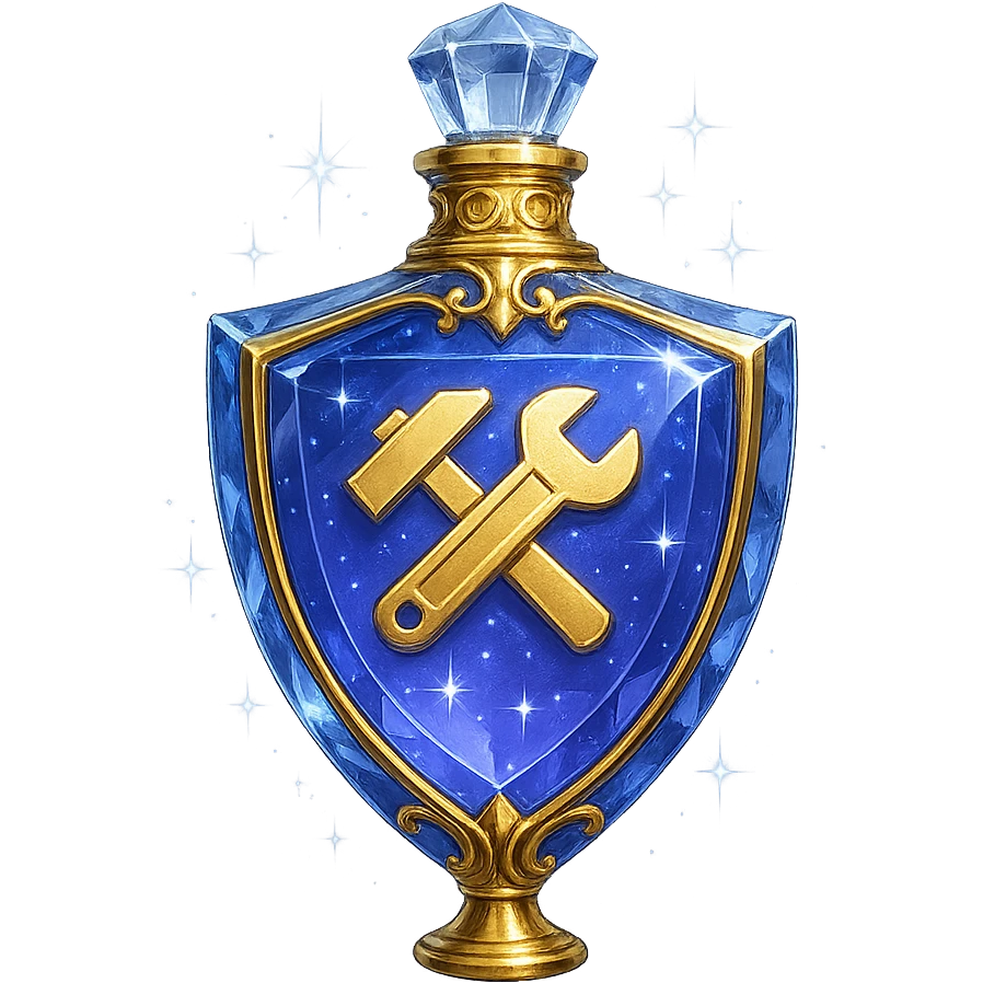very luxurious crystal elixir bottle in shield shape, color #7986cb, with 🛠 symbol on the bottle, lots of shining, edges, ornaments, golden details, magical effects, very small golden neck, transparent background, beautiful seamless bottom, bottle clearly floating in air, no base or shadow, premium class, modern, matching a collection emoji