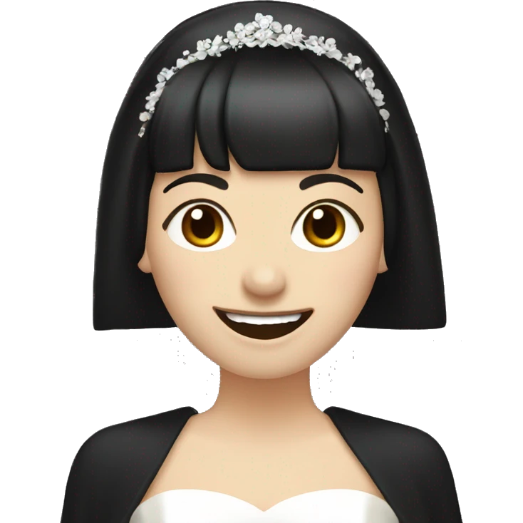 bride with very pale skin dark brown straight short hair black dress and bangs laughing with veil emoji