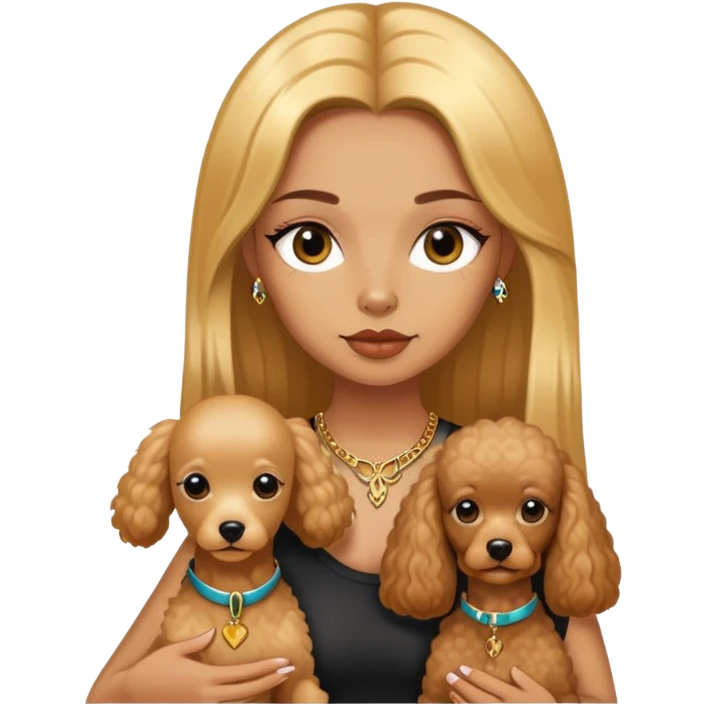 a  girl with glod  straight long hair and tattoos and (two) miniature poodles emoji