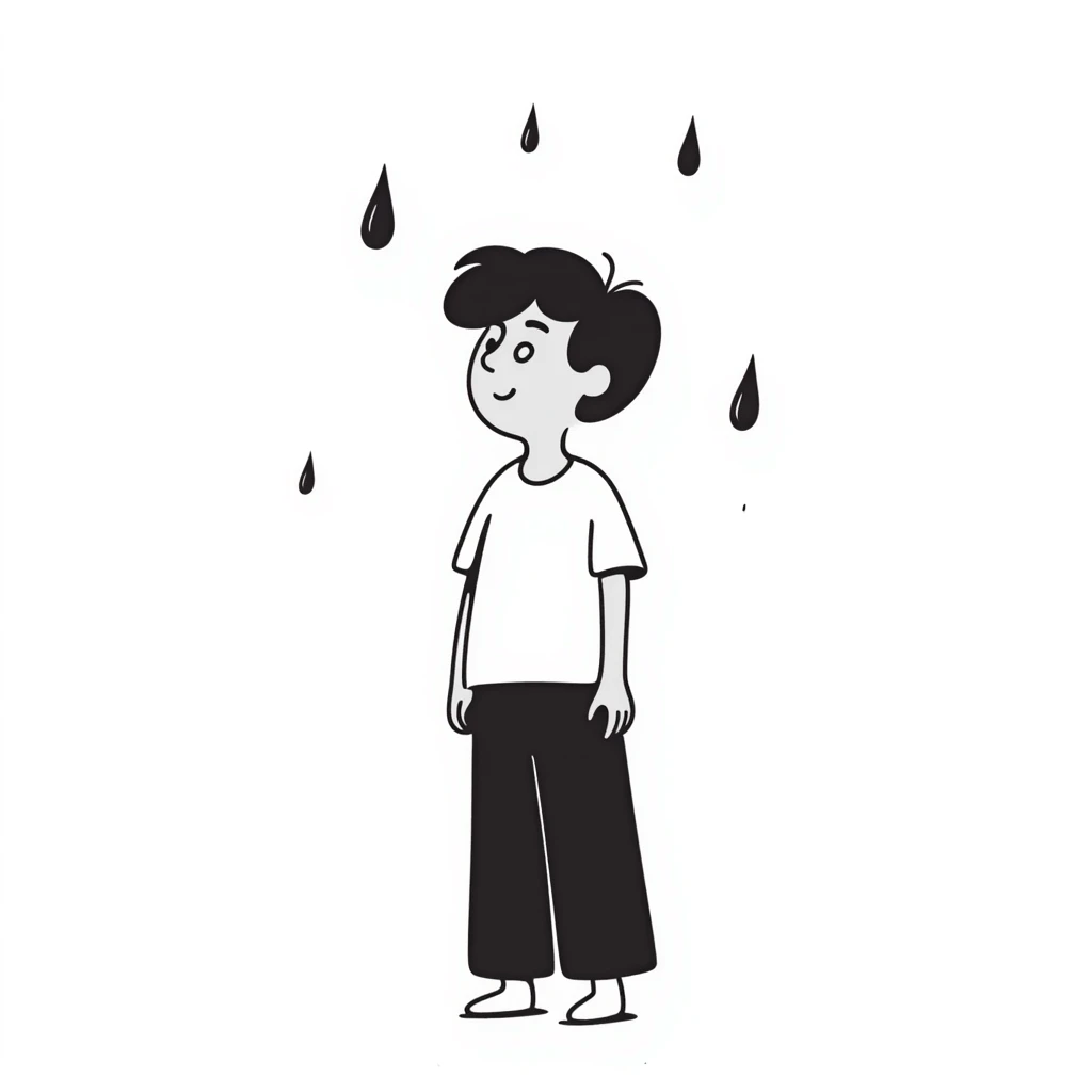 Lonely boy standing in the rain, raindrops falling around him emoji