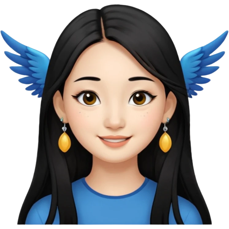 A Asian girl with fare skin and earrings, long straight black hair that is covering her checks with black eyes, smiling with a open wings eyeliner, mole near her nose of the right side emoji